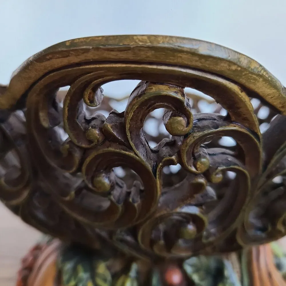 Vintage Thanksgiving Fall Ornate Reticulated Pedestal Bowl Wood-Look Resin